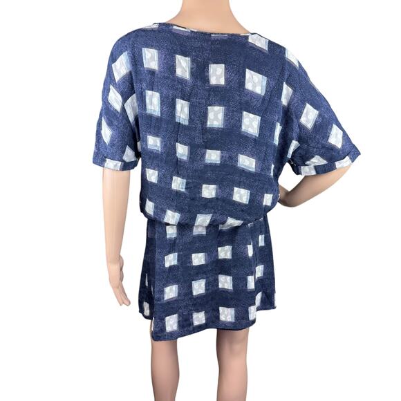Tory Burch Erica Antibes Blue Poplin Square Silk Drop Waist Blouson Mini Dress L - Picture 7 of 11